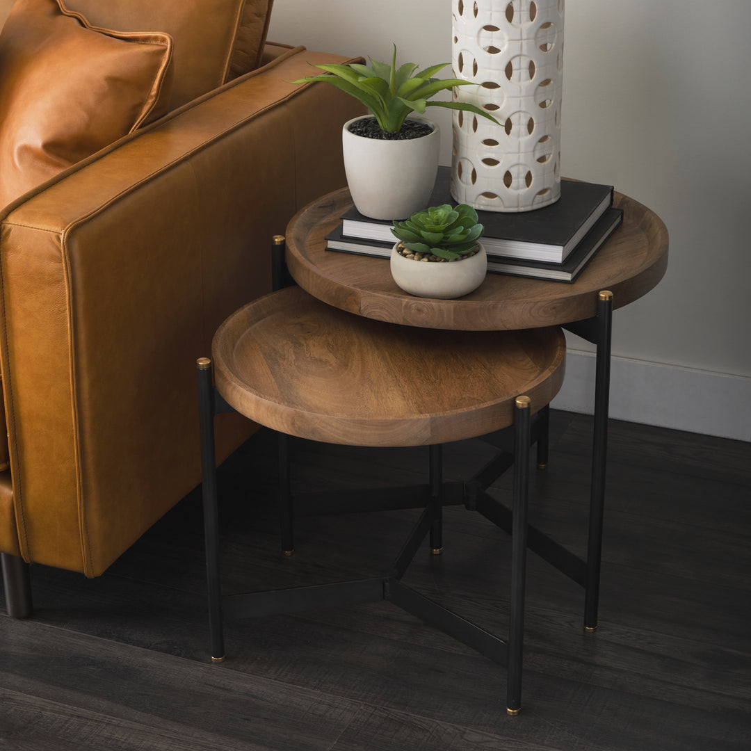 Marquisa (Set of 2) Light Brown Wood W/ Black Metal Base Nesting Side Tables Living Room Mercana