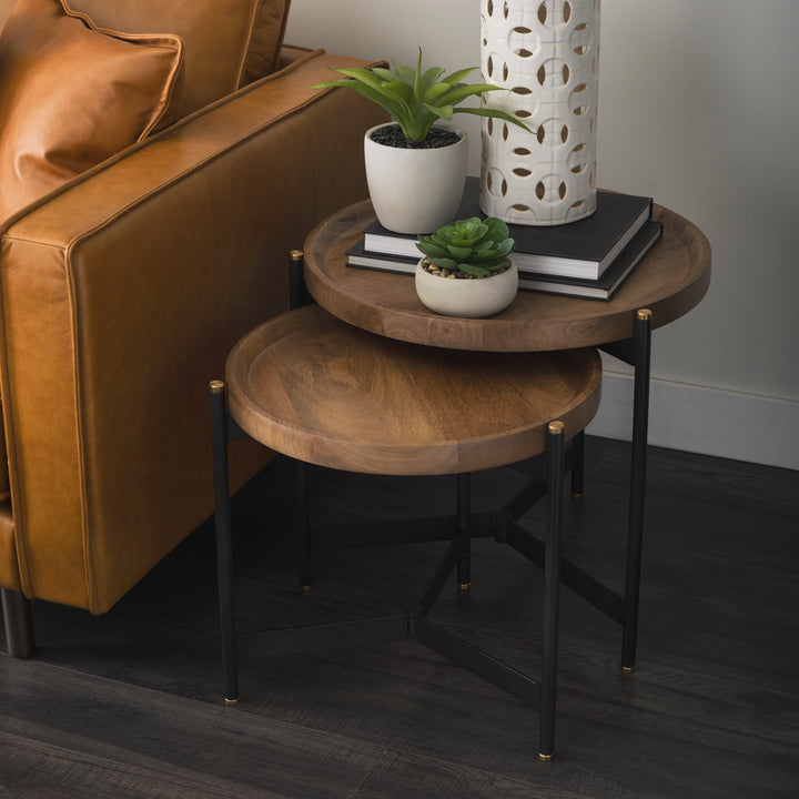 Marquisa (Set of 2) Light Brown Wood W/ Black Metal Base Nesting Side Tables Living Room Mercana