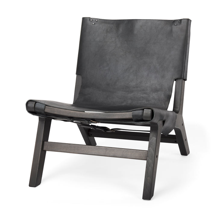 Elodie Black Leather W/Black Stain Beech Wood Frame Accent Chair Living Room Mercana