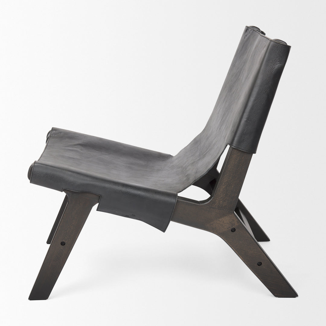 Elodie Black Leather W/Black Stain Beech Wood Frame Accent Chair Living Room Mercana