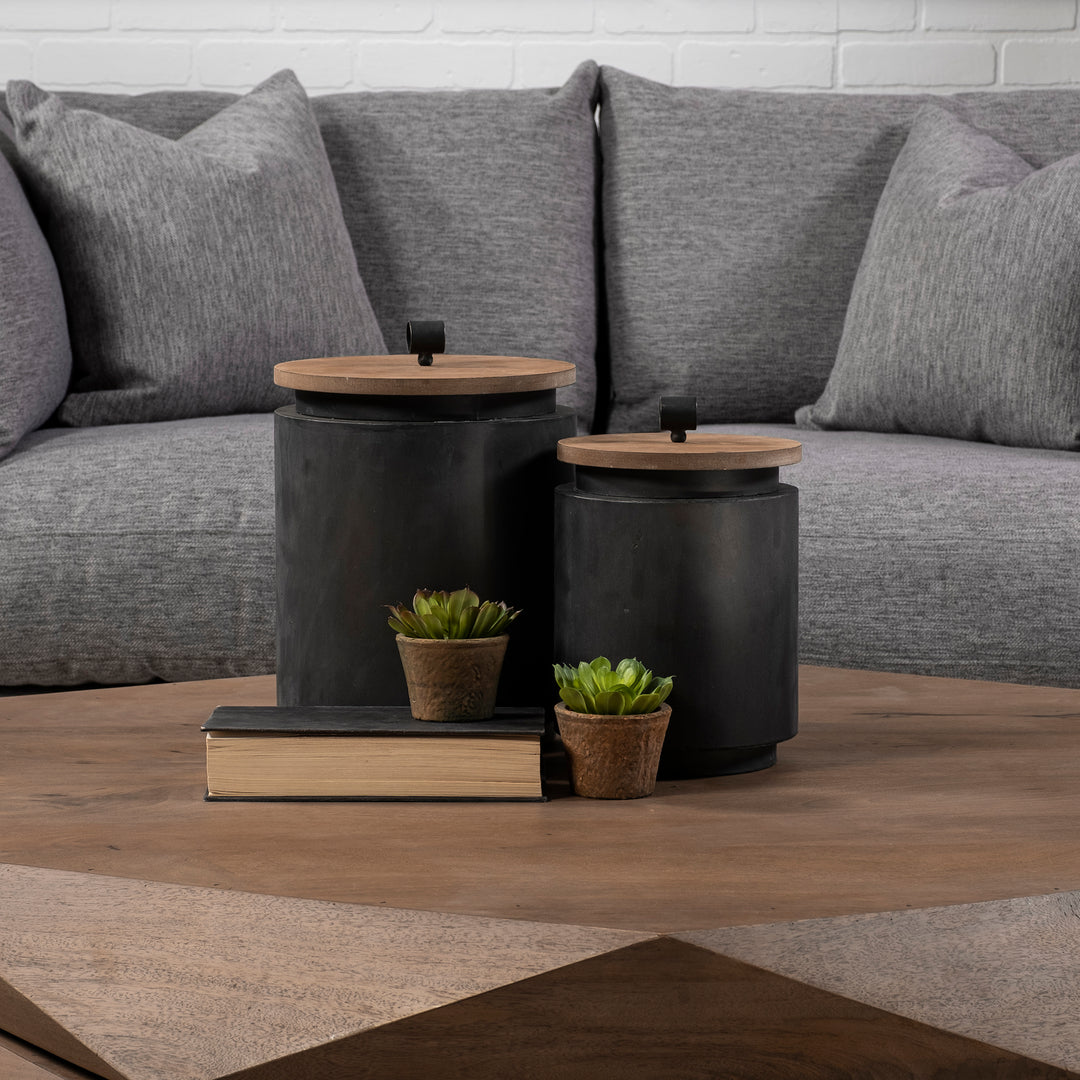 Cyril (Set of 2) Gray Metal W/ Brown Wood Lids Jars Decor Mercana