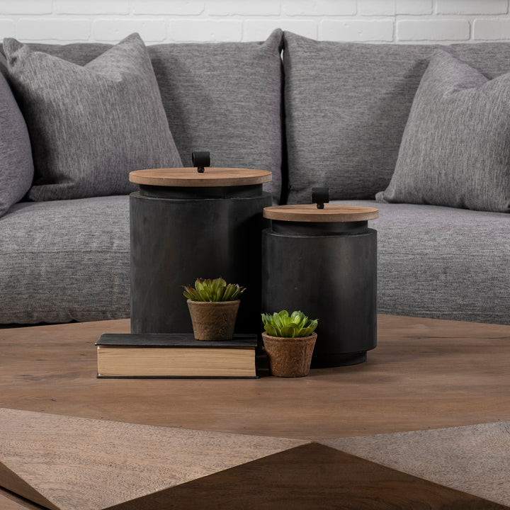 Cyril (Set of 2) Gray Metal W/ Brown Wood Lids Jars Decor Mercana