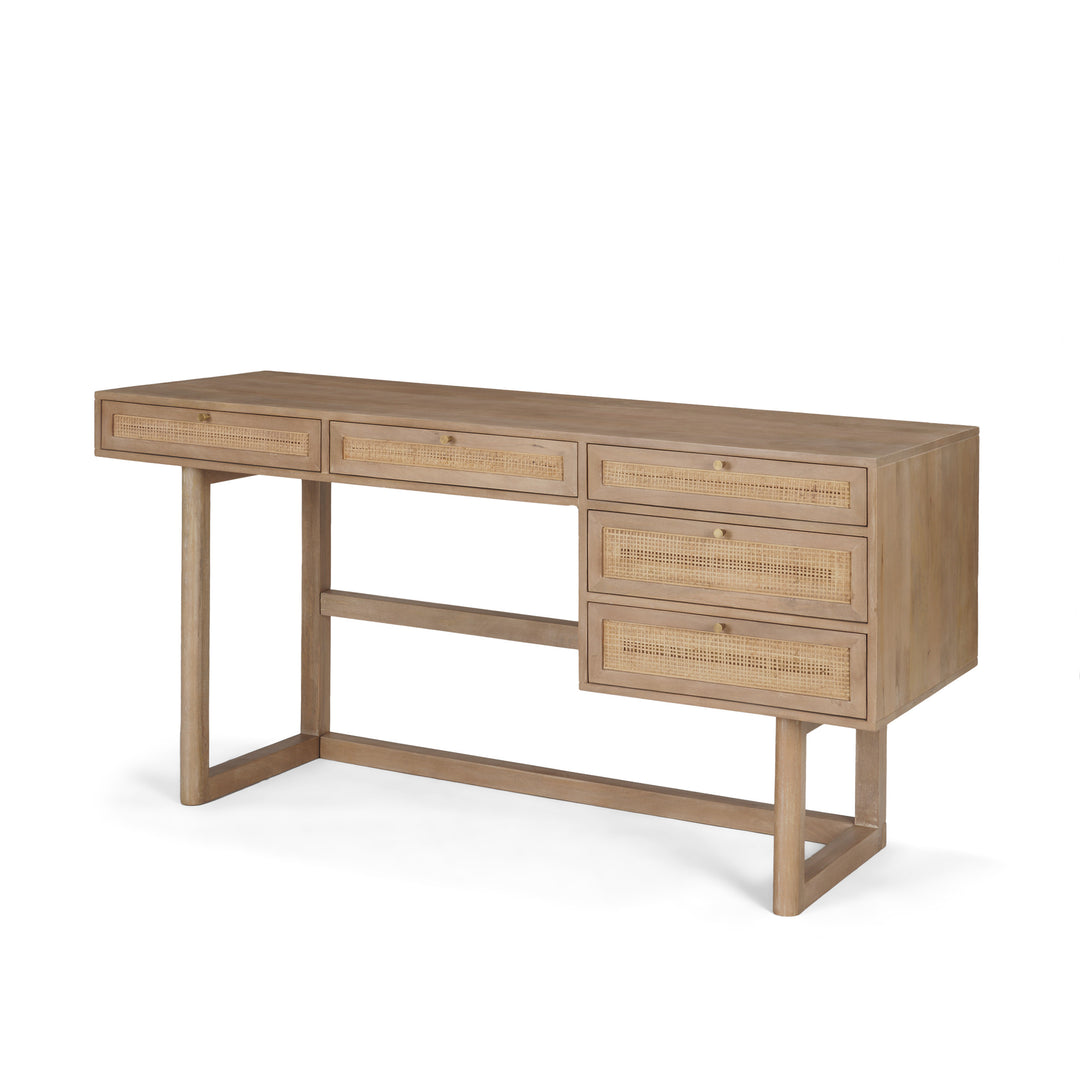 Grier 60" Light Brown Solid Wood W/Cane Office Desk Home Office Mercana