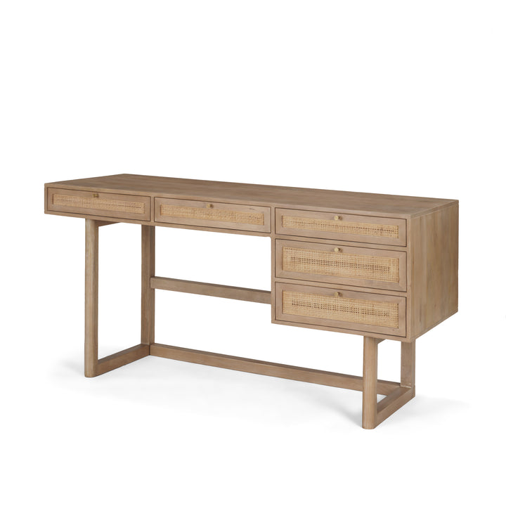 Grier 60" Light Brown Solid Wood W/Cane Office Desk Home Office Mercana