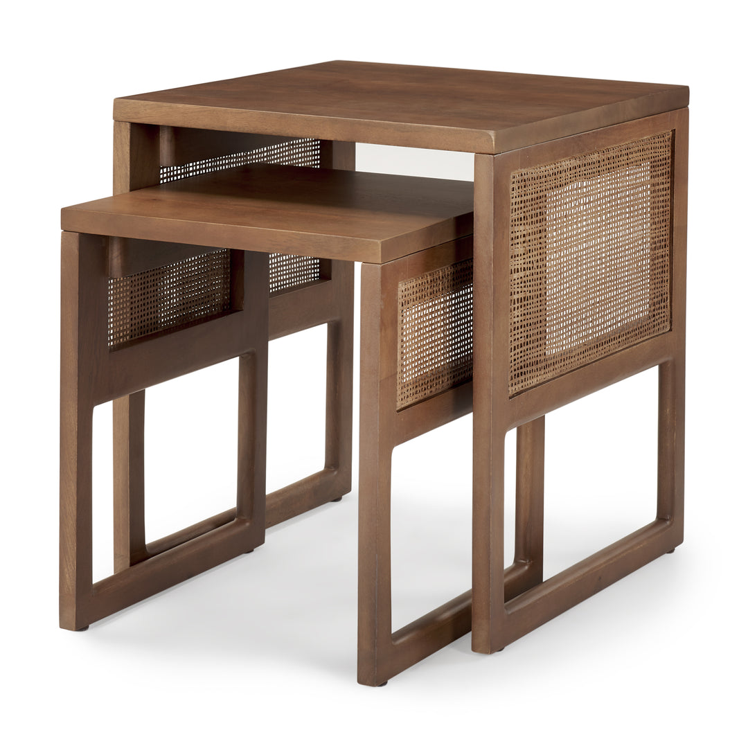 Grier Set of 2 Medium Brown Solid Wood w/ Cane Nesting Accent Tables Dining Room Mercana