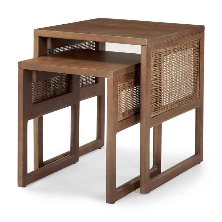 Grier Set of 2 Medium Brown Solid Wood w/ Cane Nesting Accent Tables Dining Room Mercana