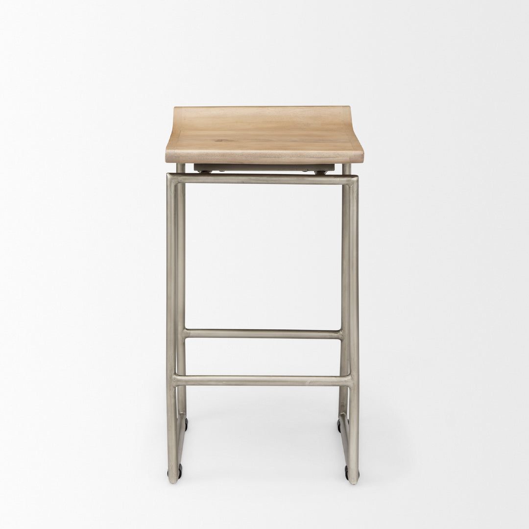 Givens 25.8"H Seat Height Brown Wood W/Silver Metal Frame Counterstool Dining Room Mercana