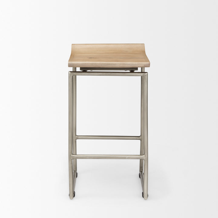 Givens 25.8"H Seat Height Brown Wood W/Silver Metal Frame Counterstool Dining Room Mercana