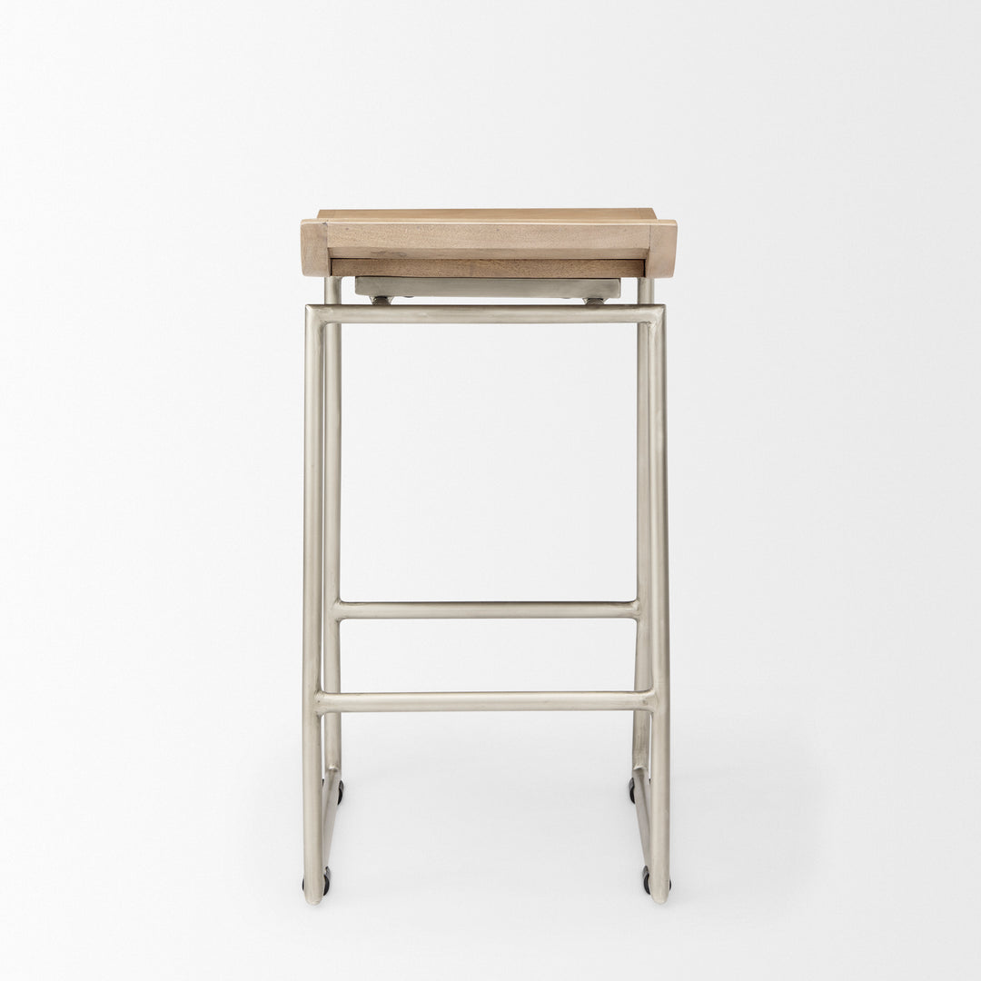 Givens 25.8"H Seat Height Brown Wood W/Silver Metal Frame Counterstool Dining Room Mercana