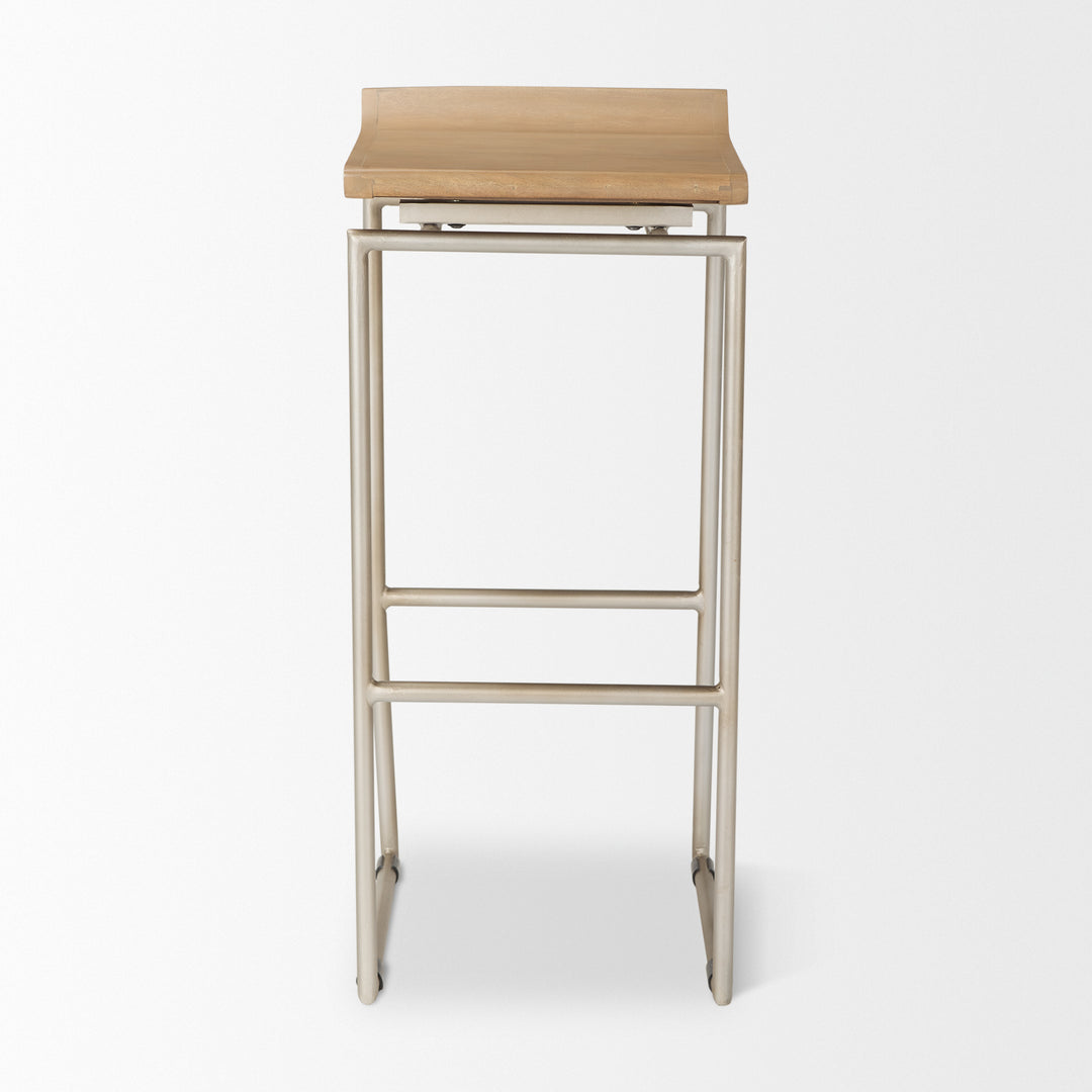 Givens 31.8"H Seat Height Brown Wood W/Silver Metal Frame Barstool Dining Room Mercana
