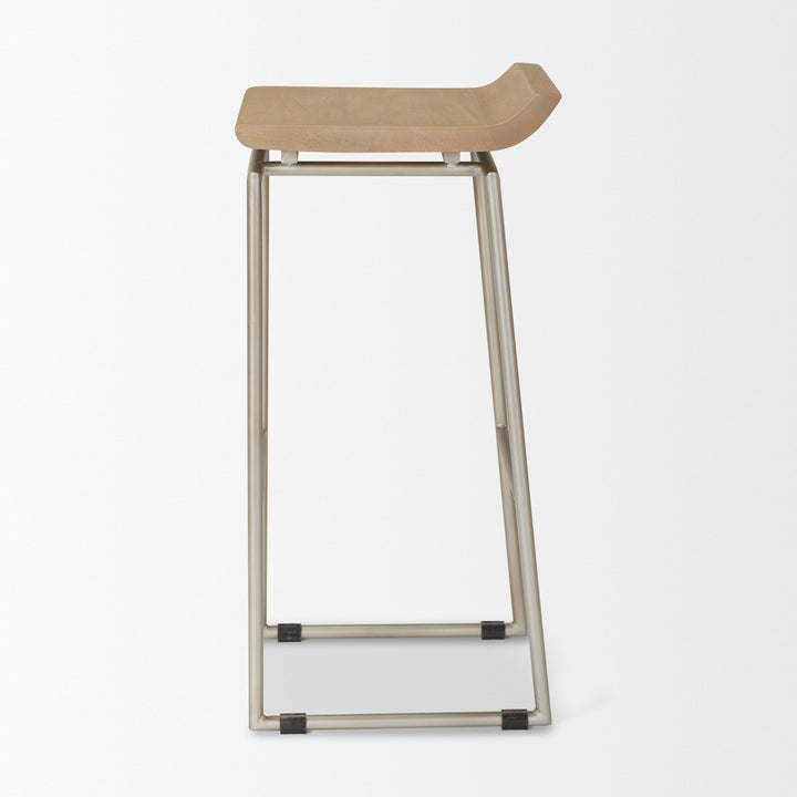 Givens 31.8"H Seat Height Brown Wood W/Silver Metal Frame Barstool Dining Room Mercana