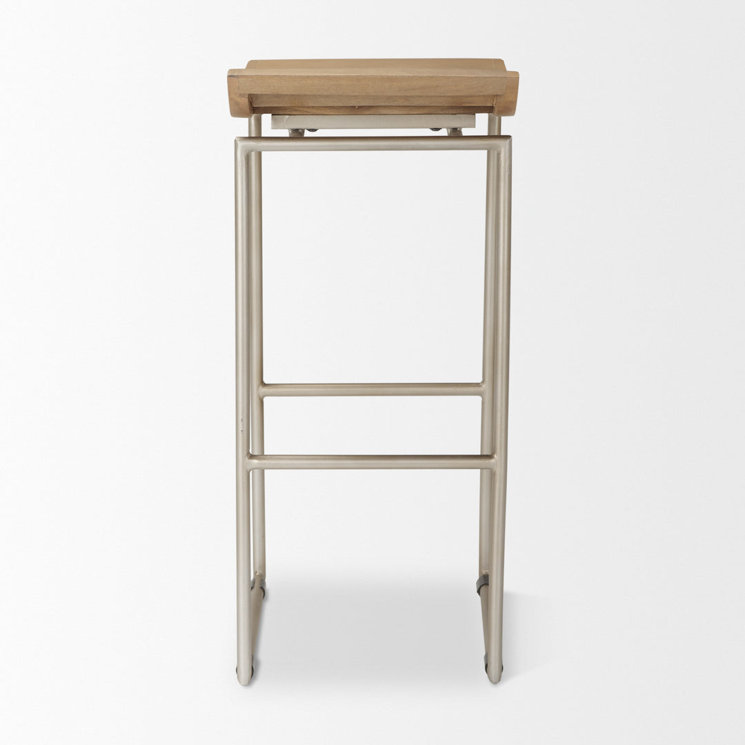 Givens 31.8"H Seat Height Brown Wood W/Silver Metal Frame Barstool Dining Room Mercana