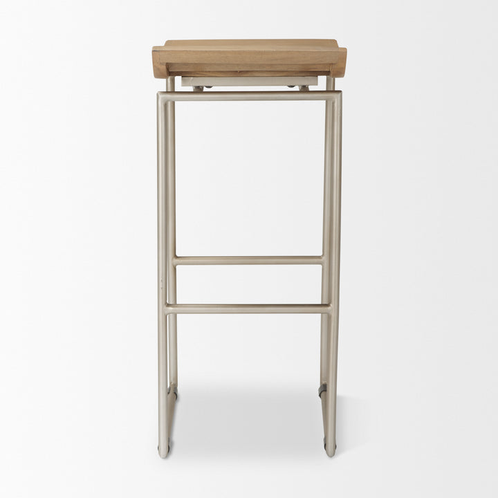 Givens 31.8"H Seat Height Brown Wood W/Silver Metal Frame Barstool Dining Room Mercana