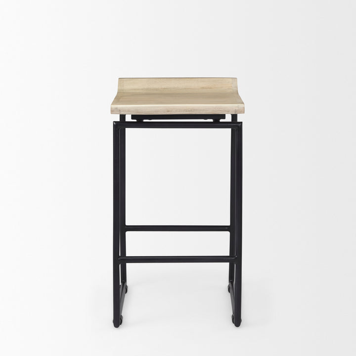 Givens 25.8"H Seat Height Natural Wood W/Black Metal Counter Stool Dining Room Mercana