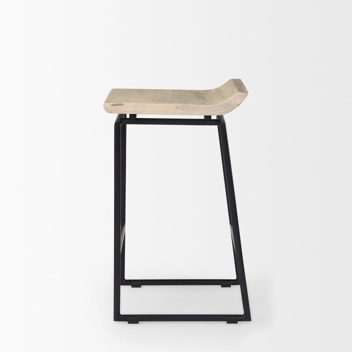 Givens 25.8"H Seat Height Natural Wood W/Black Metal Counter Stool Dining Room Mercana