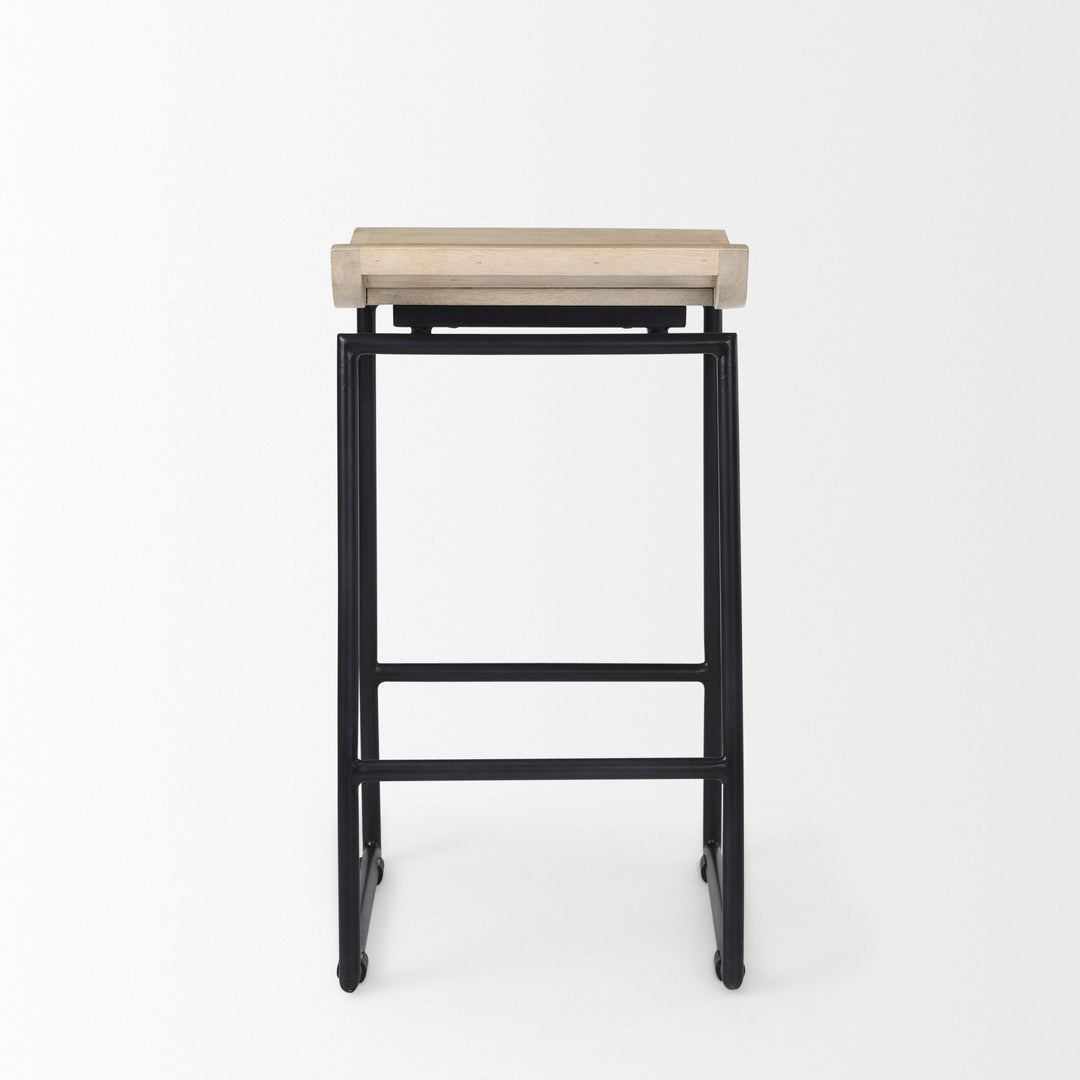 Givens 25.8"H Seat Height Natural Wood W/Black Metal Counter Stool Dining Room Mercana