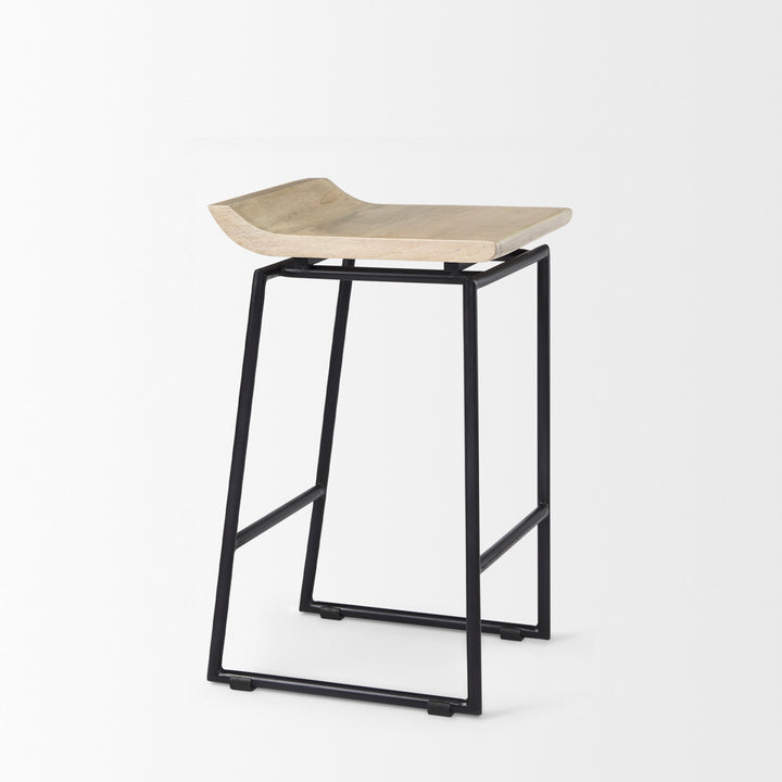 Givens 25.8"H Seat Height Natural Wood W/Black Metal Counter Stool Dining Room Mercana