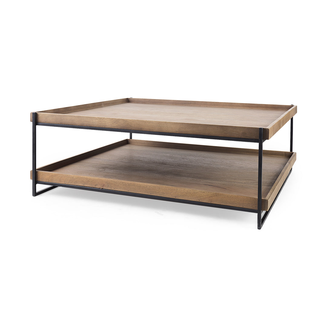 Trey 48x46 Rectangular Brown Solid Wood Top Table Black Metal Frame Two-Tier Coffee Table Dining Room Mercana