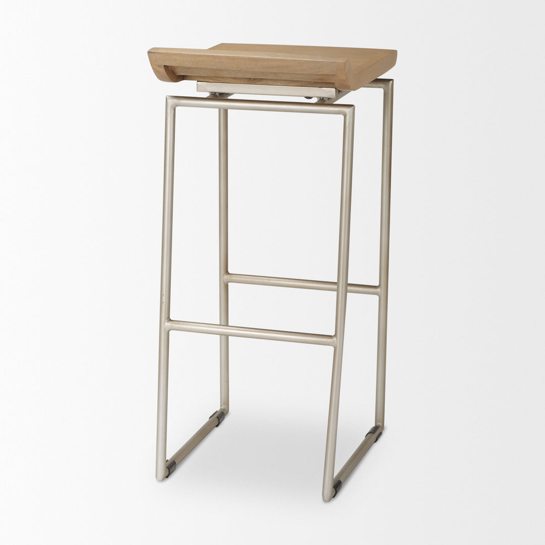 Givens 31.8"H Seat Height Brown Wood W/Silver Metal Frame Barstool Dining Room Mercana