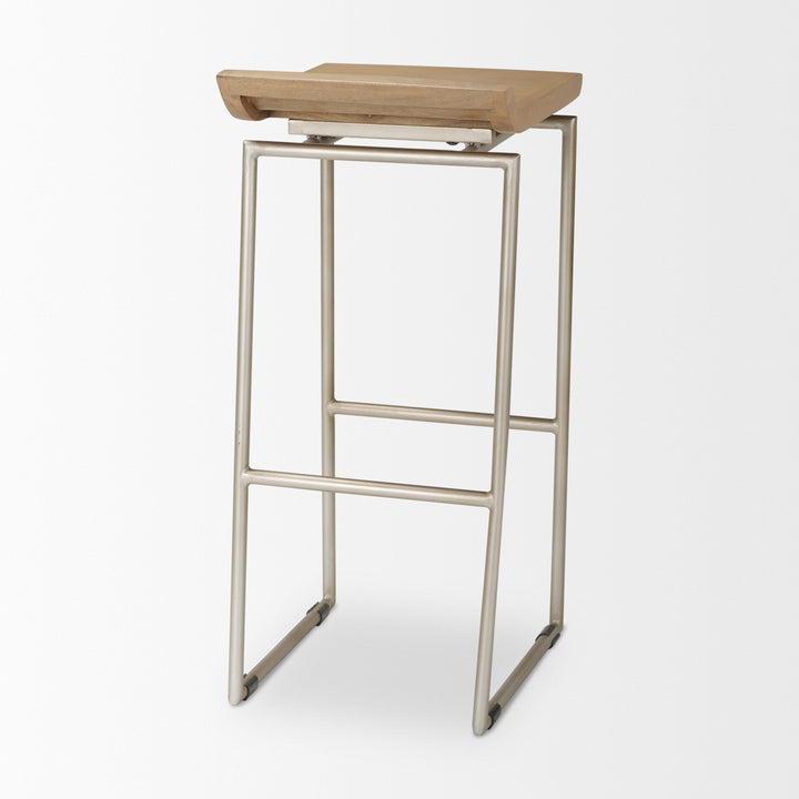 Givens 31.8"H Seat Height Brown Wood W/Silver Metal Frame Barstool Dining Room Mercana