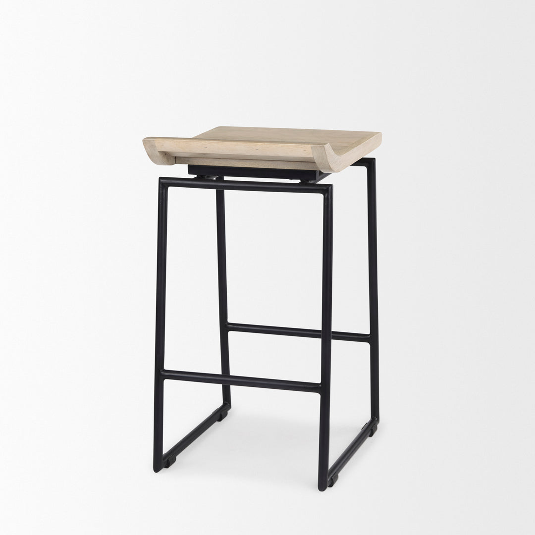 Givens 25.8"H Seat Height Natural Wood W/Black Metal Counter Stool Dining Room Mercana