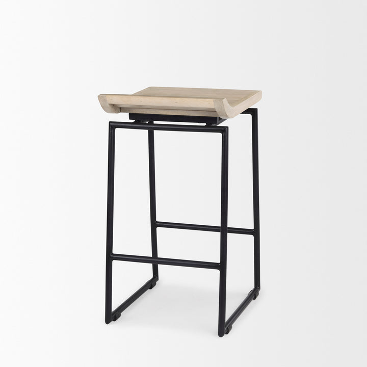 Givens 25.8"H Seat Height Natural Wood W/Black Metal Counter Stool Dining Room Mercana