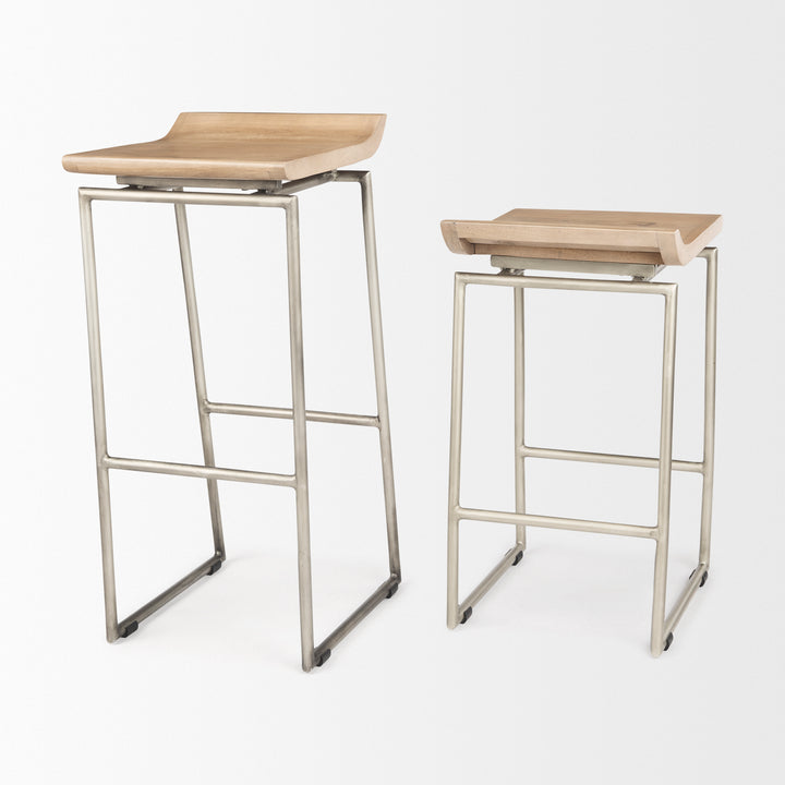 Givens 31.8"H Seat Height Brown Wood W/Silver Metal Frame Barstool Dining Room Mercana