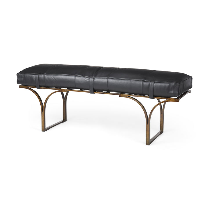 Jessie 55L x 16W Black Leather Seat W/Gold Metal Base Accent Bench Living Room Mercana