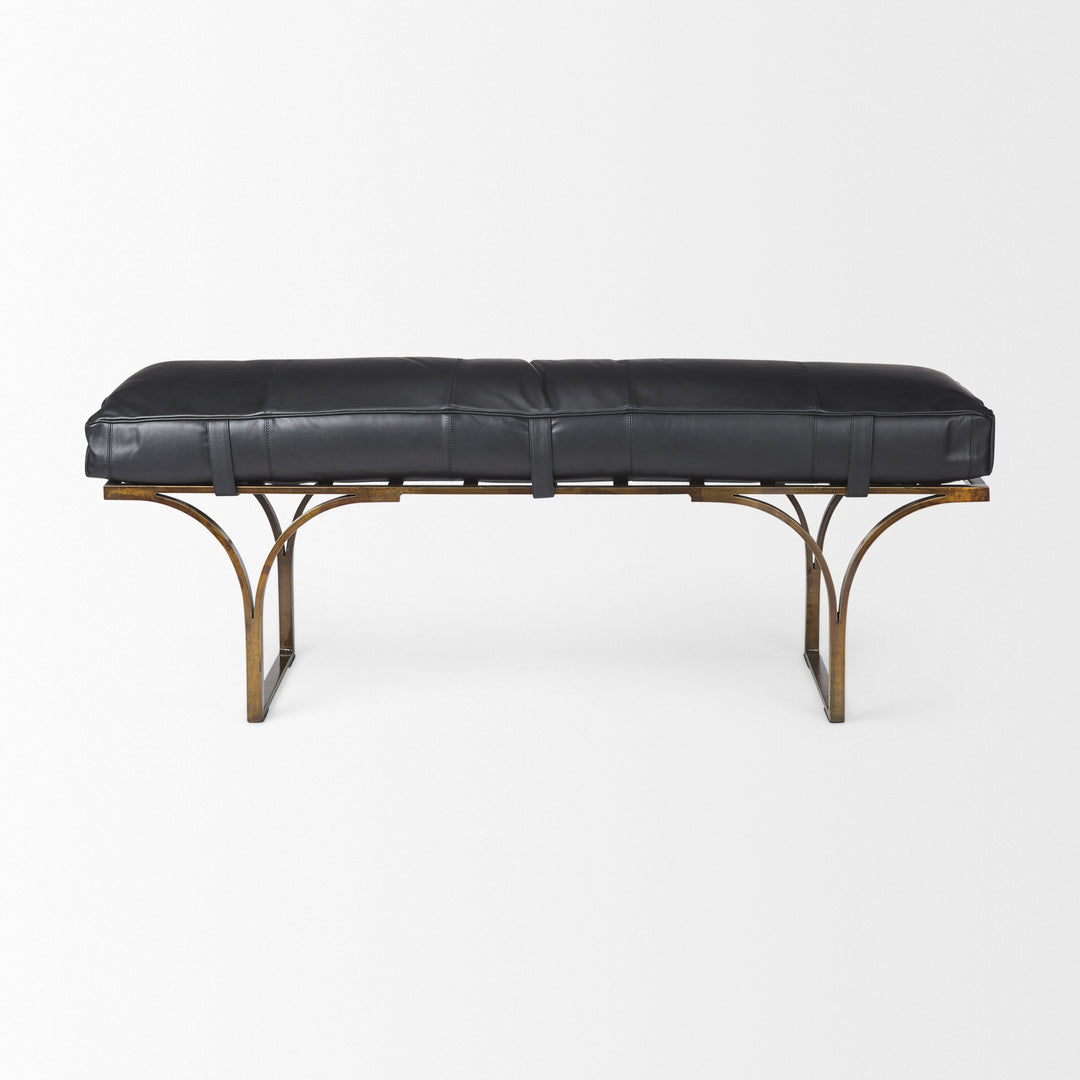 Jessie 55L x 16W Black Leather Seat W/Gold Metal Base Accent Bench Living Room Mercana