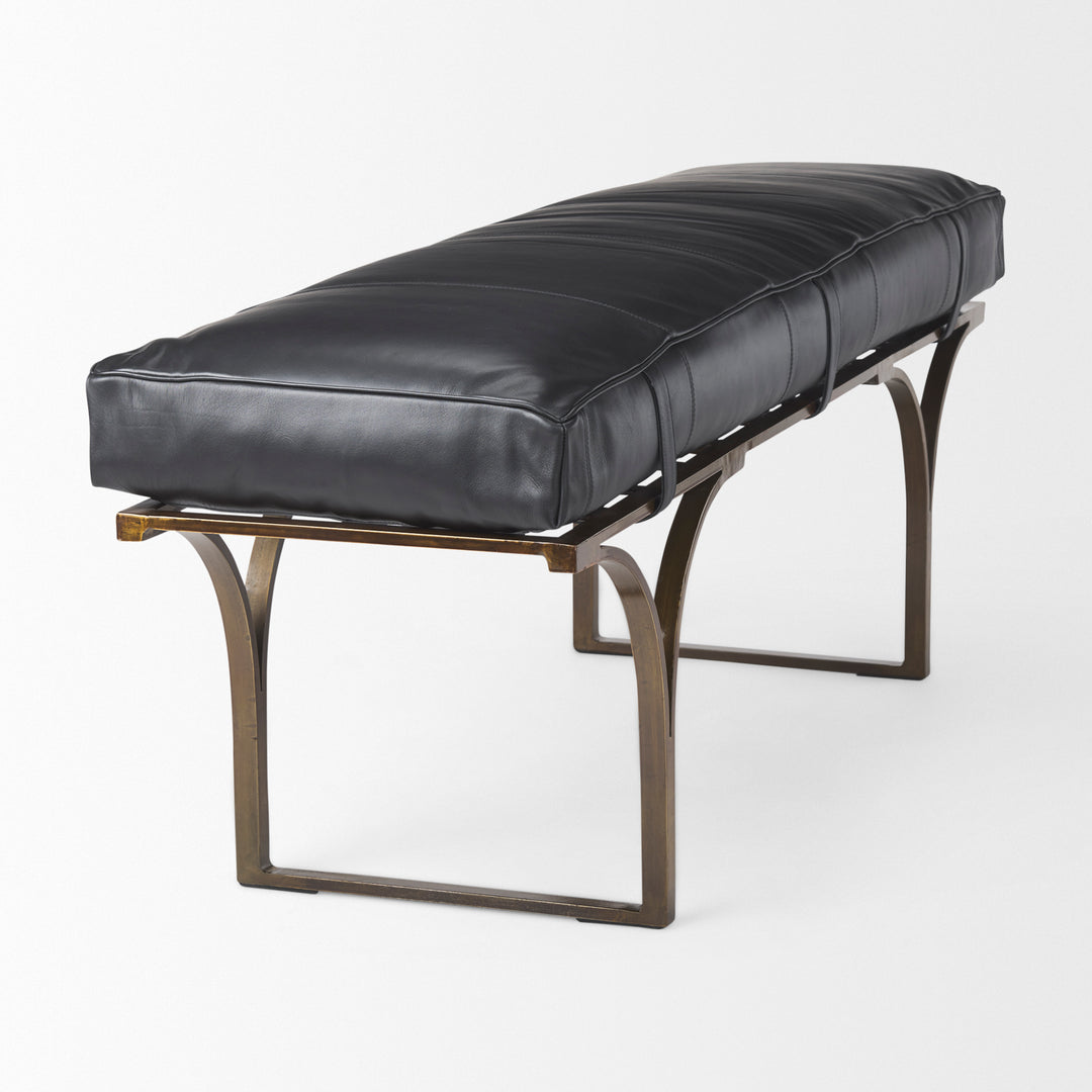 Jessie 55L x 16W Black Leather Seat W/Gold Metal Base Accent Bench Living Room Mercana