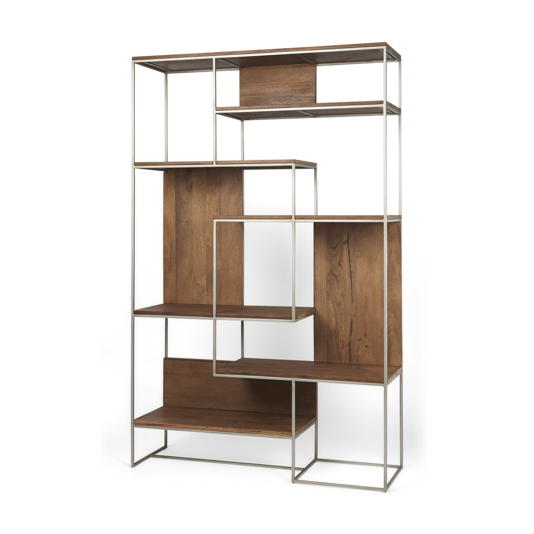 Morris III Brown Wood and Silver Metal Frame 6 Shelf Shelving Unit Living Room Mercana