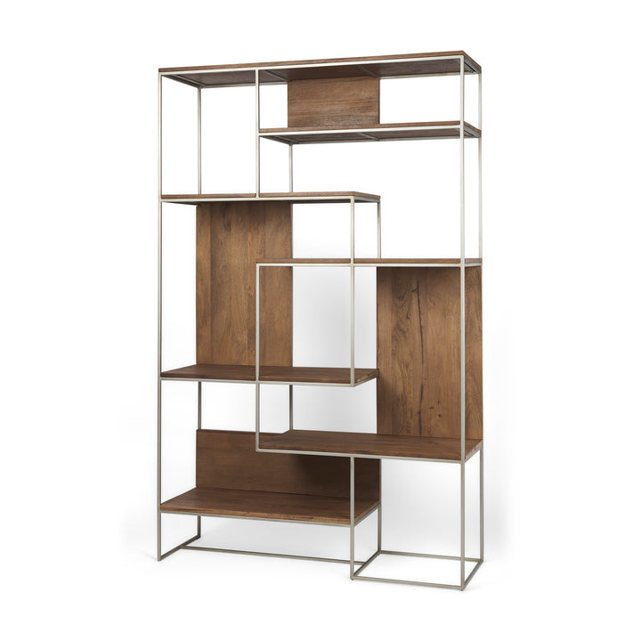 Morris III Brown Wood and Silver Metal Frame 6 Shelf Shelving Unit Living Room Mercana