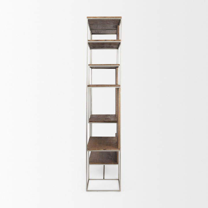 Morris III Brown Wood and Silver Metal Frame 6 Shelf Shelving Unit Living Room Mercana