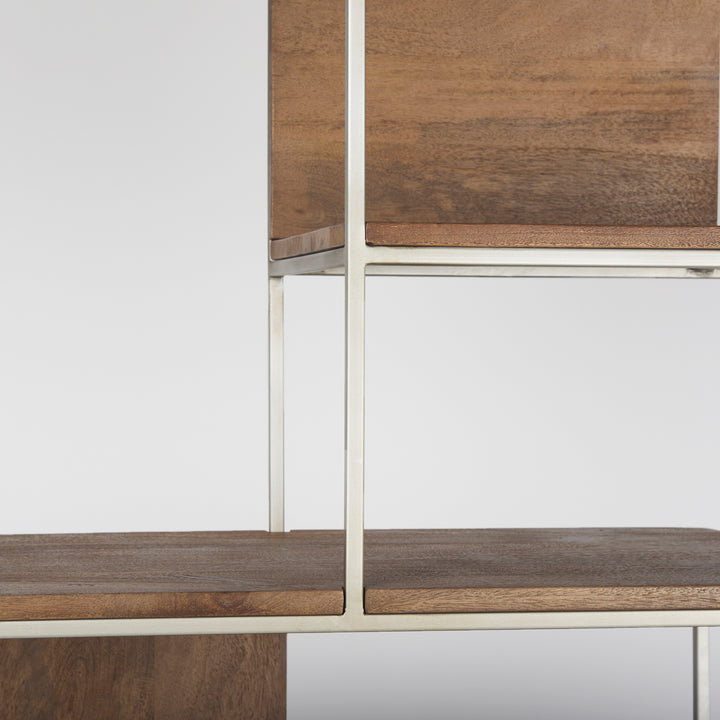 Morris III Brown Wood and Silver Metal Frame 6 Shelf Shelving Unit Living Room Mercana