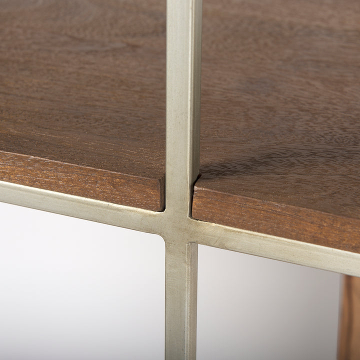 Morris III Brown Wood and Silver Metal Frame 6 Shelf Shelving Unit Living Room Mercana