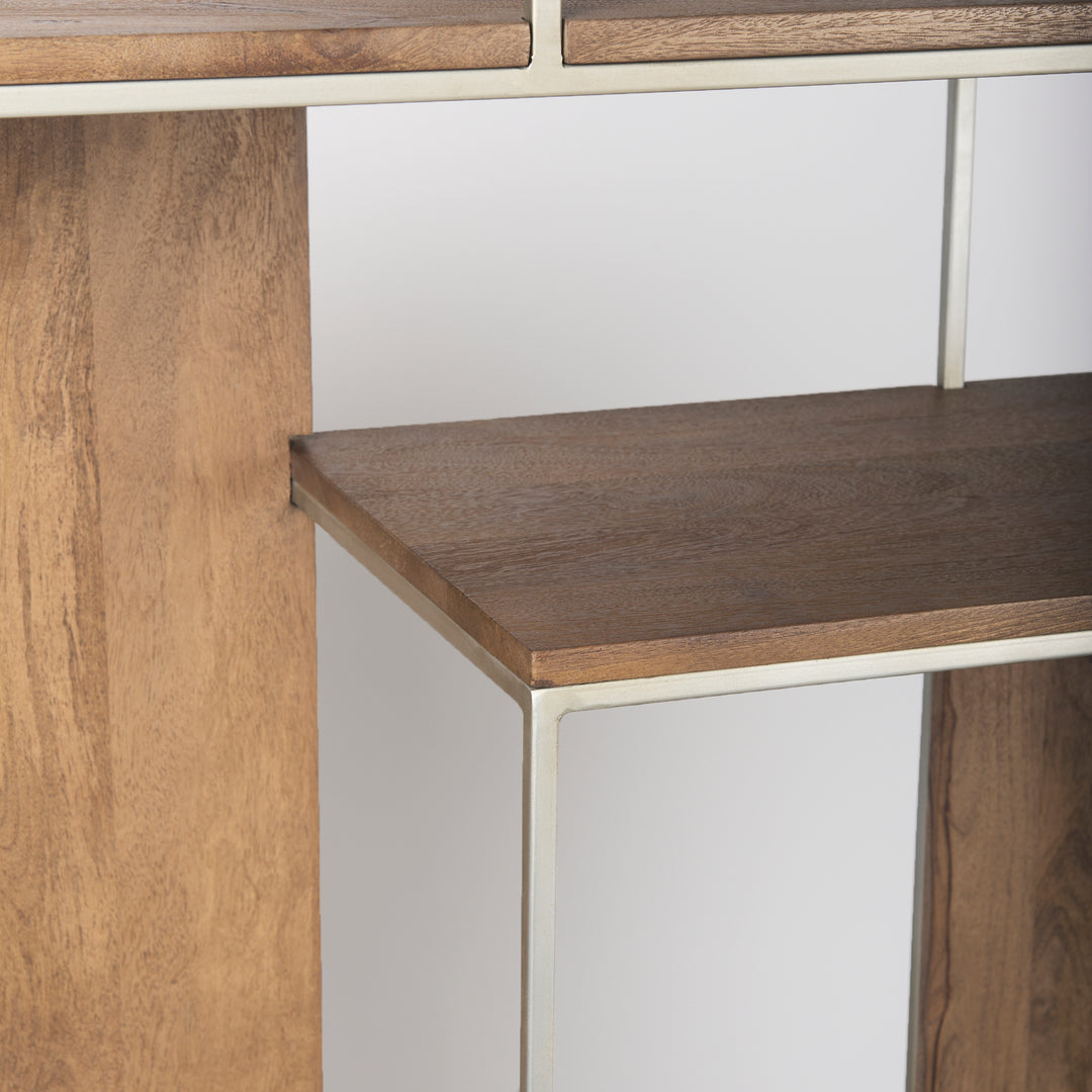 Morris III Brown Wood and Silver Metal Frame 6 Shelf Shelving Unit Living Room Mercana