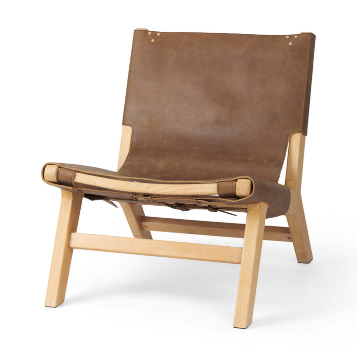 Elodie Brown Leather W/Natural Beech Wood Frame Accent Chair Living Room Mercana