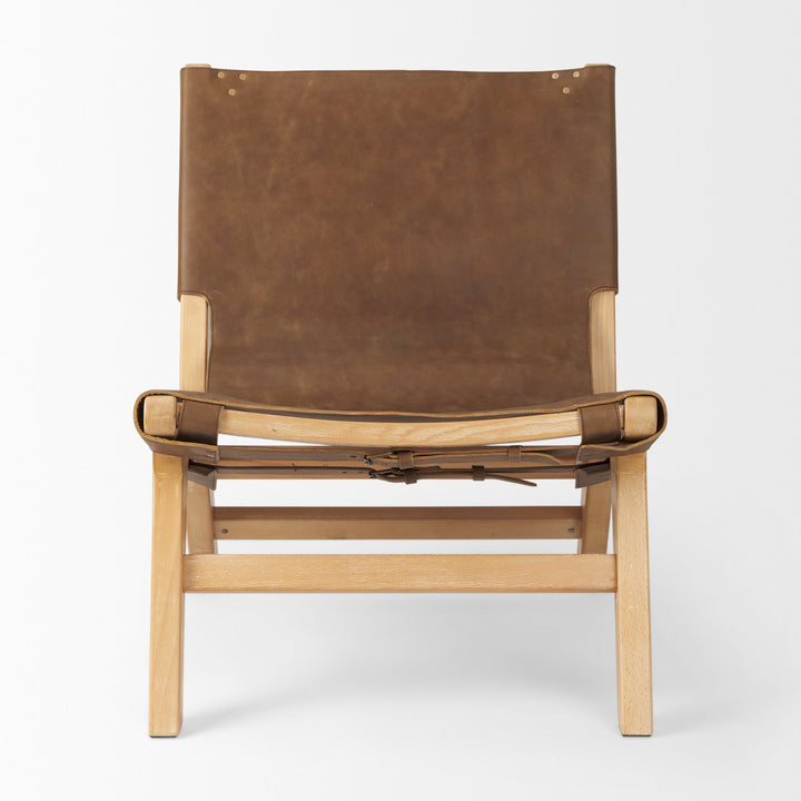 Elodie Brown Leather W/Natural Beech Wood Frame Accent Chair Living Room Mercana