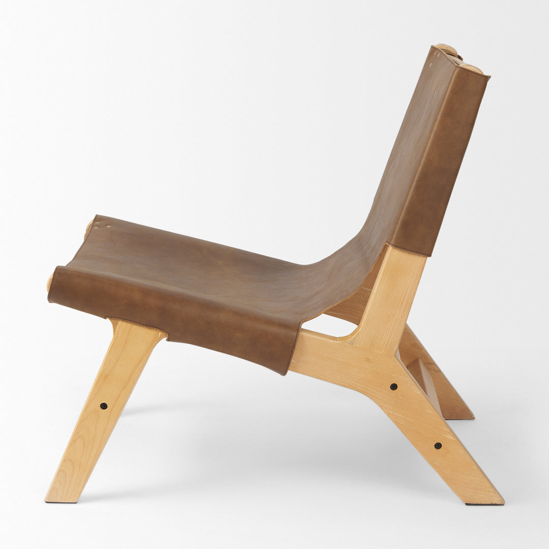 Elodie Brown Leather W/Natural Beech Wood Frame Accent Chair Living Room Mercana
