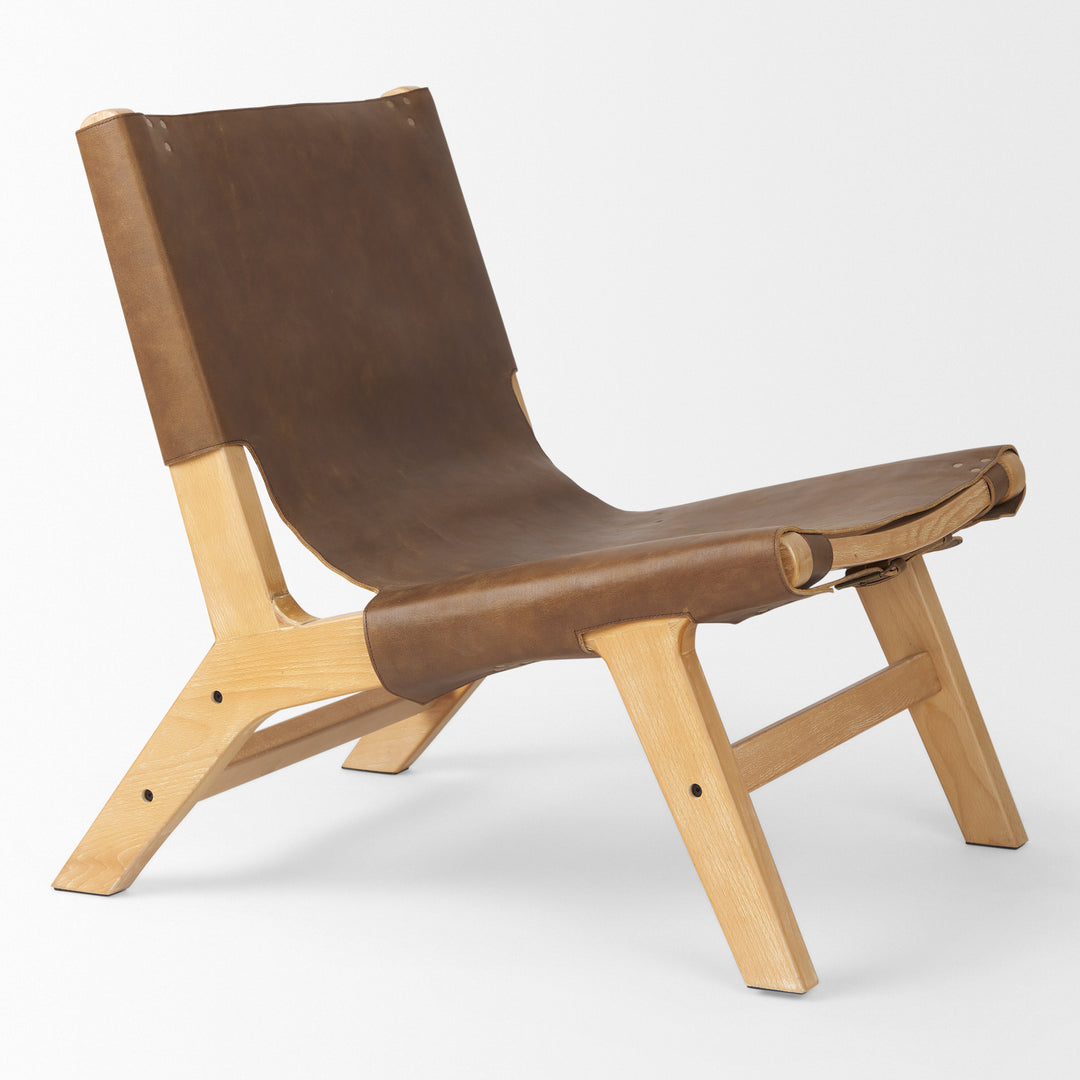 Elodie Brown Leather W/Natural Beech Wood Frame Accent Chair Living Room Mercana