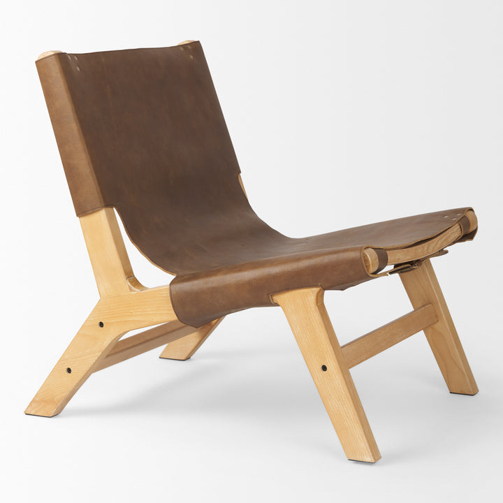 Elodie Brown Leather W/Natural Beech Wood Frame Accent Chair Living Room Mercana