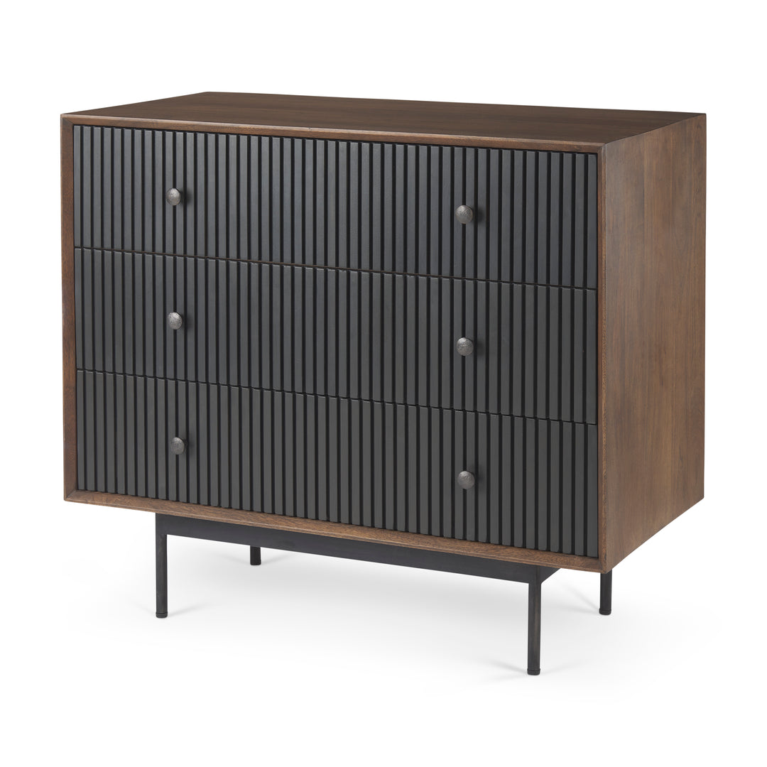 Grace Medium Brown Wood W/Black Metal Frame 3 Drawer Accent Cabinet Decor Mercana