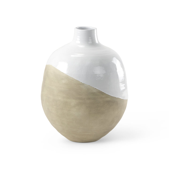 Amos White and Dark Beige Color Blocked Ceramic Floor Vase Decor Mercana