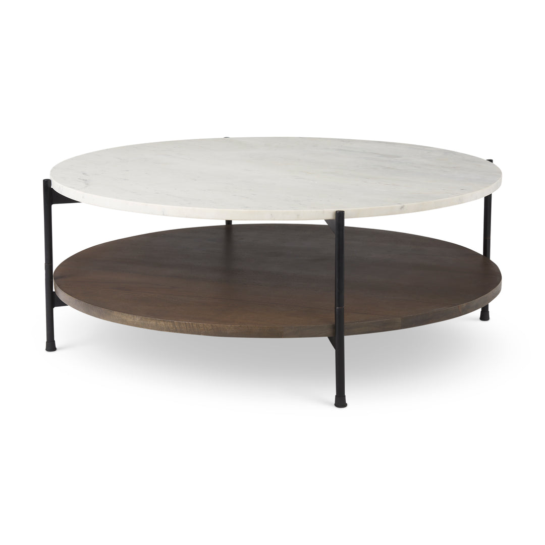 Larkin 42" Round Two-Tier White Marble Top and Solid Wood Shelf w/ Black Metal Frame Coffee Table Dining Room Mercana