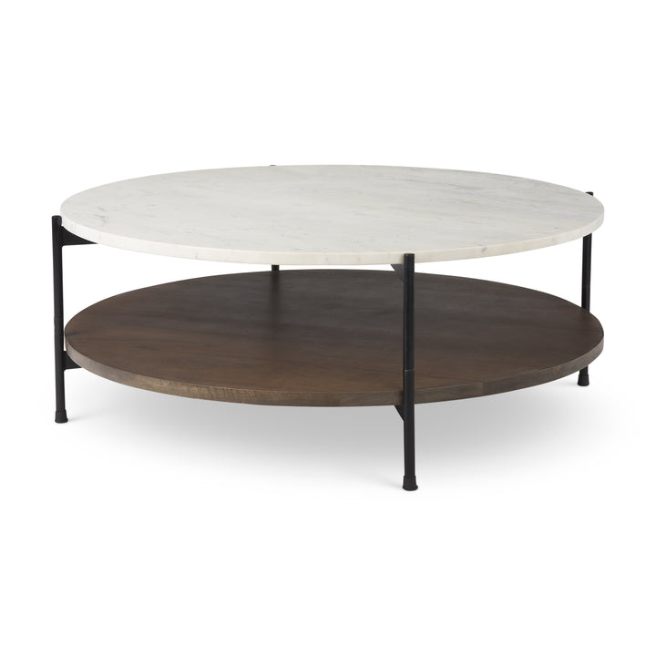 Larkin 42" Round Two-Tier White Marble Top and Solid Wood Shelf w/ Black Metal Frame Coffee Table Dining Room Mercana