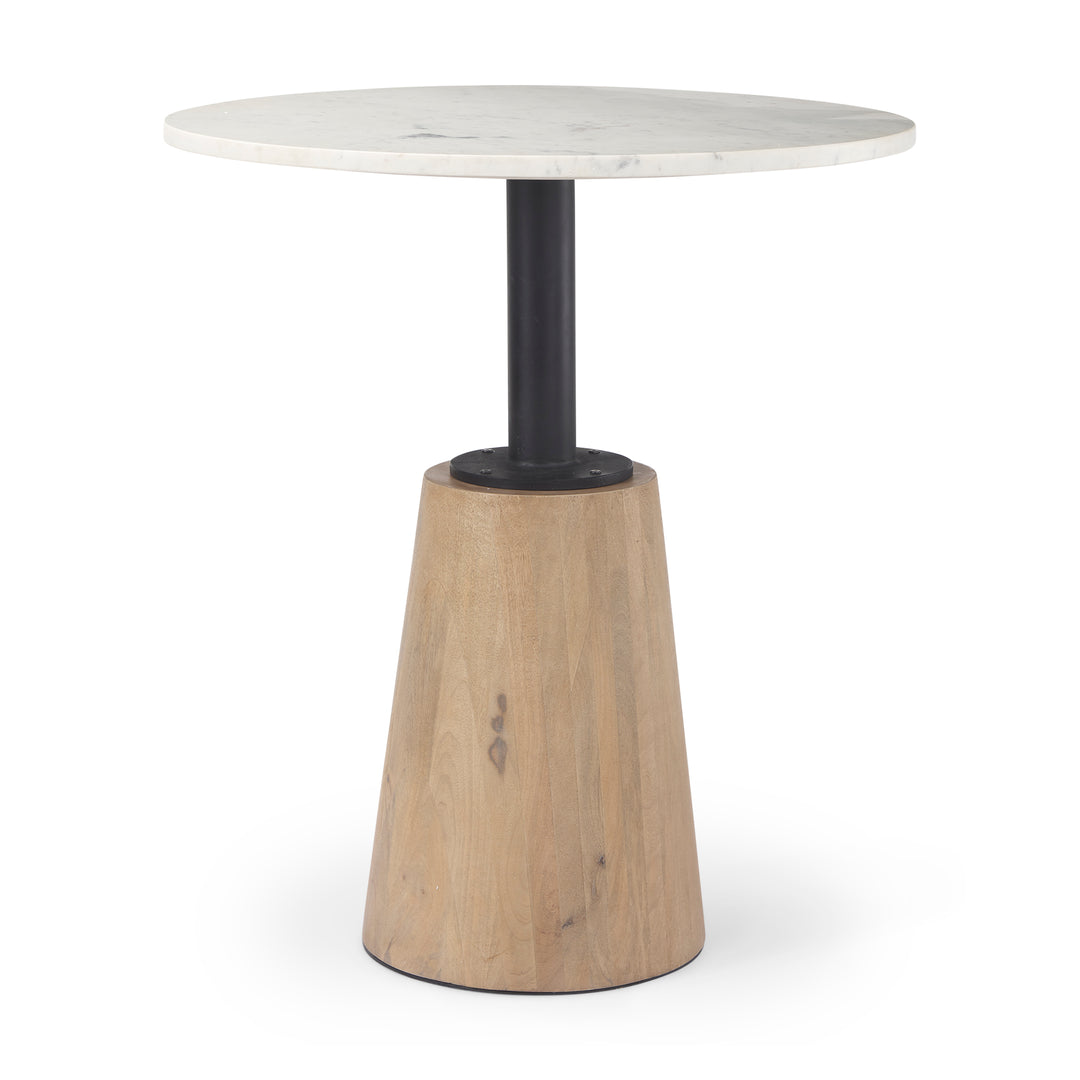 Maxwell 32" Round White Marble Tabletop w/ Blonde Wood & Black Metal Accent Pedestal Bistro Table Dining Room Mercana