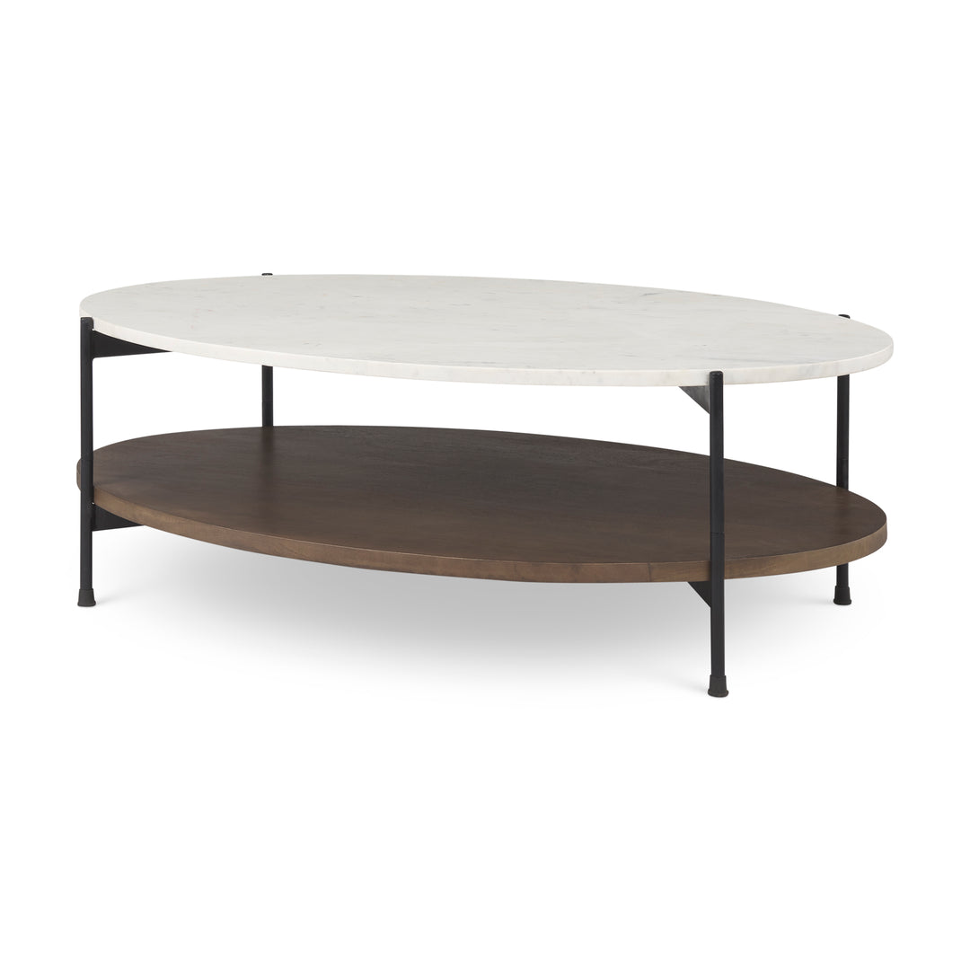 Larkin White Marble Top w/ Dark Brown Wood Shelf Oval Coffee Table Living Room Mercana
