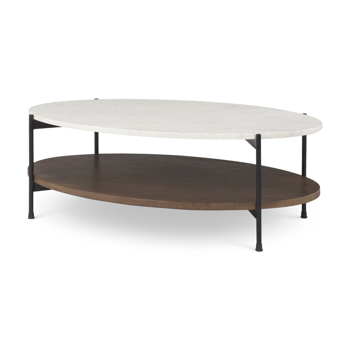 Larkin White Marble Top w/ Dark Brown Wood Shelf Oval Coffee Table Living Room Mercana