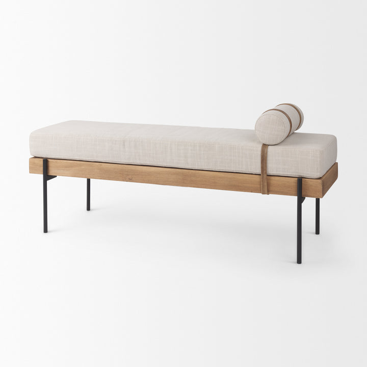 Colburne Cream Fabric w/Brown Wood Bench Living Room Mercana