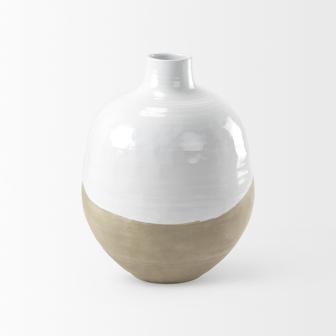 Amos White and Dark Beige Color Blocked Ceramic Floor Vase Decor Mercana